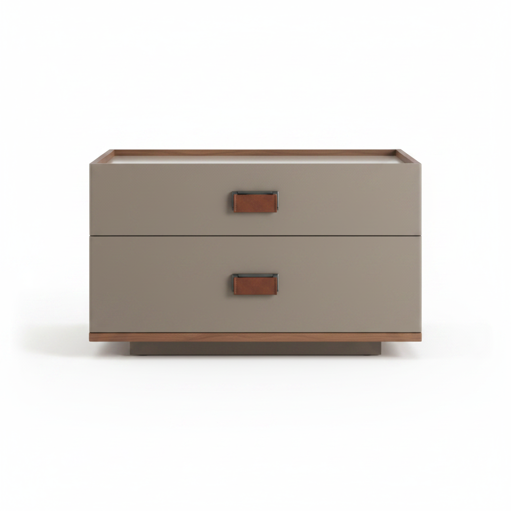 Warm greige matte low two-drawer bedside table with cognac leather pull tab handles on thin walnut plinth base, front view on white background