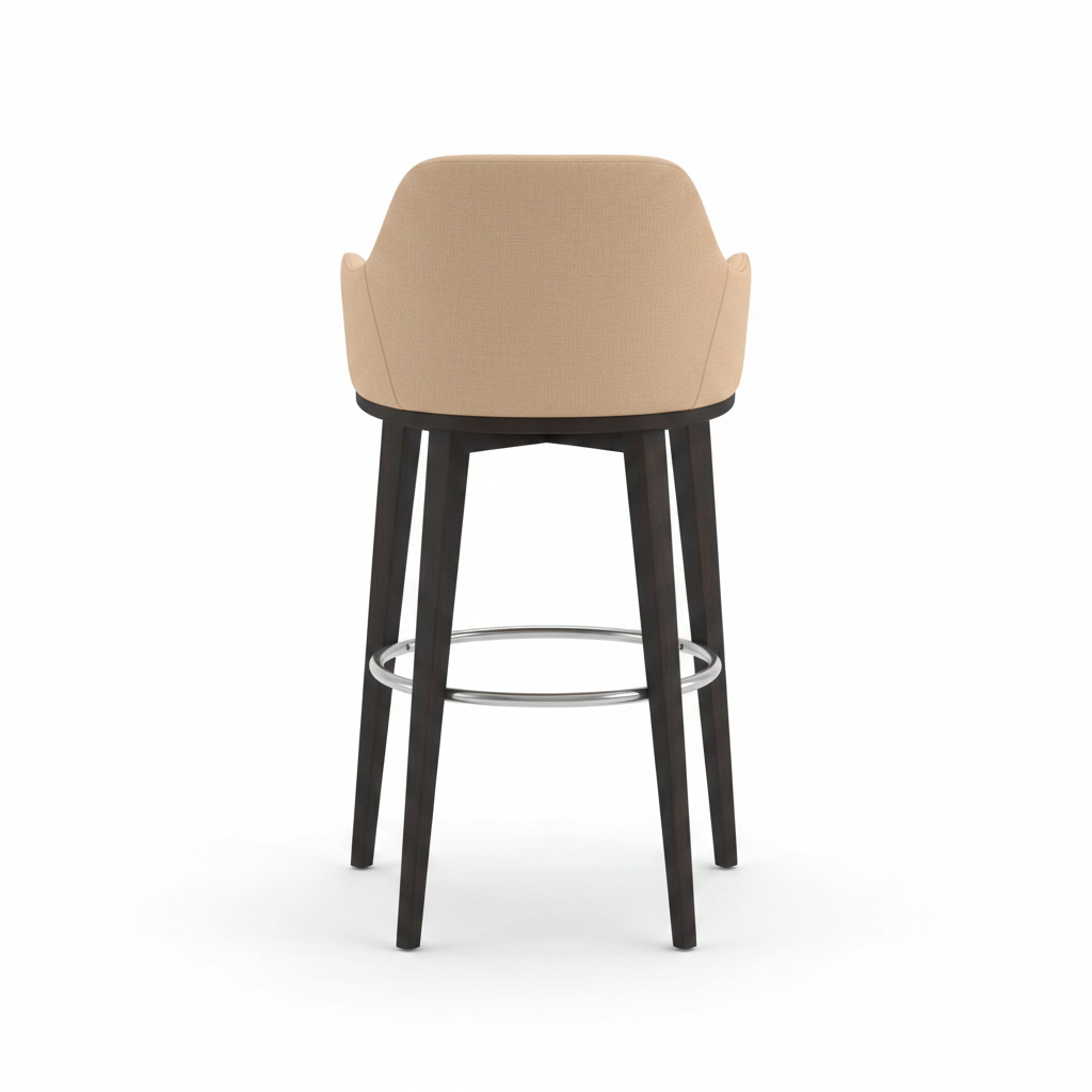 Back view of beige fabric armed bar stool with dark espresso wood frame