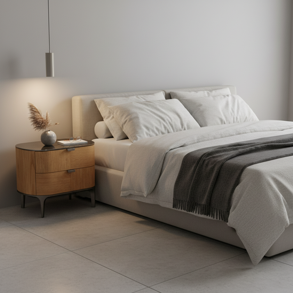 Warm oak veneer rounded bedside table with smoked glass top styled in a luxury modern bedroom