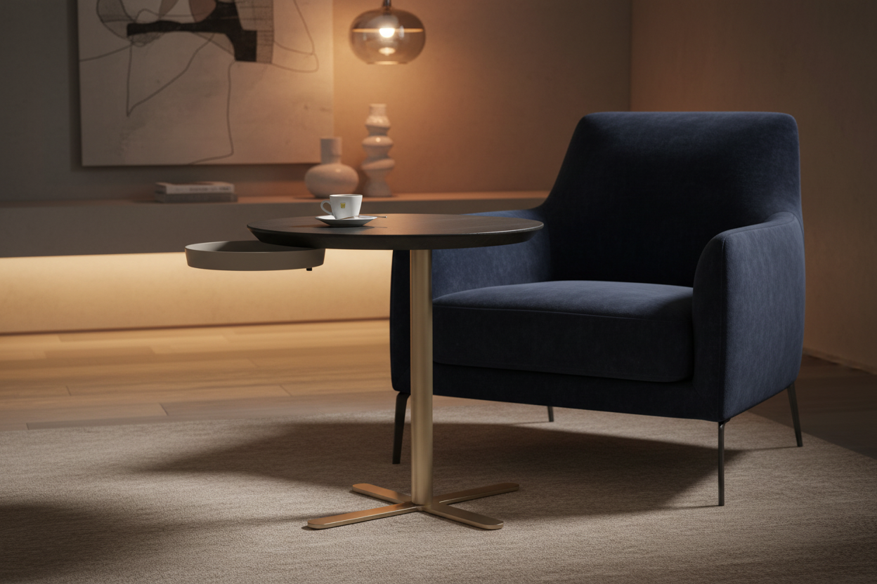 Pario Side Table beside a velvet armchair in a sophisticated modern living room