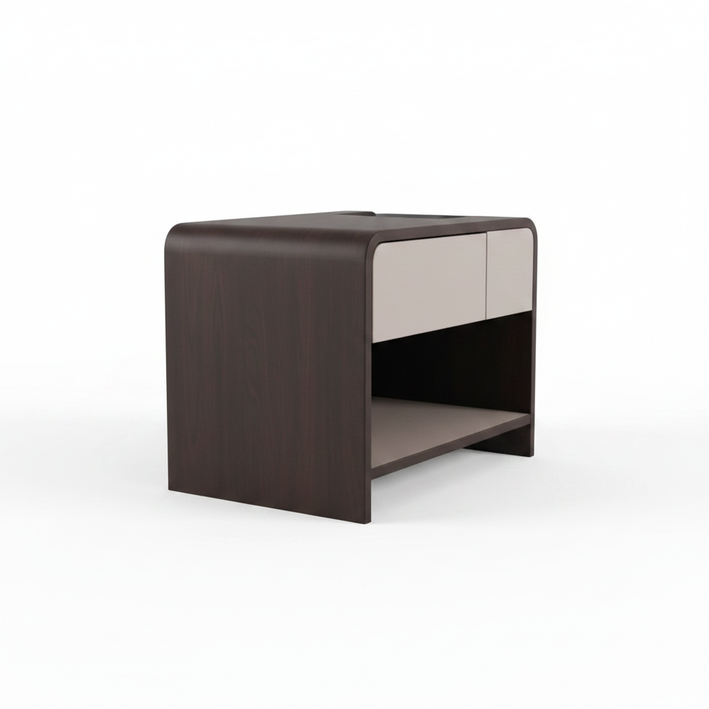 Side profile view of the Dune Bedside Table showing the drawer depth and open lower shelf
