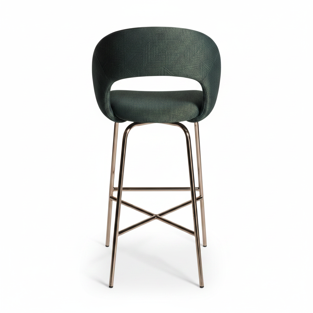 Back view of dark forest green bar stool showing circular cutout and chrome frame