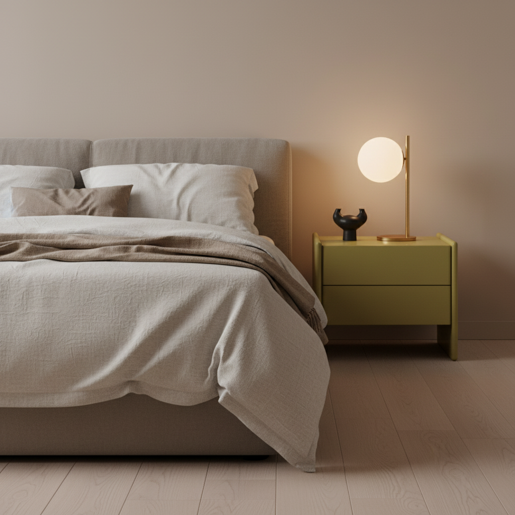 Olive matte lacquer slab bedside table styled in a luxury modern bedroom