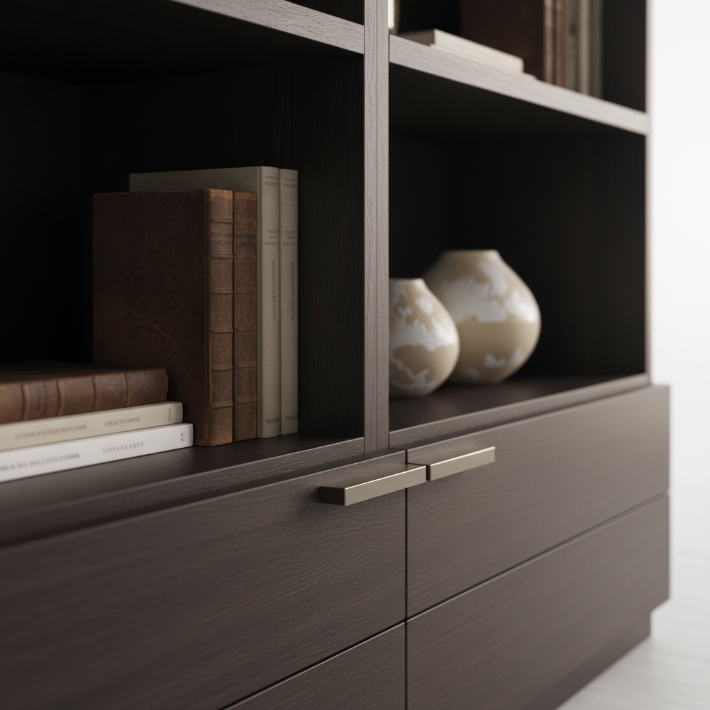 Corvara Wall System close-up of shelf joinery and drawer hardware