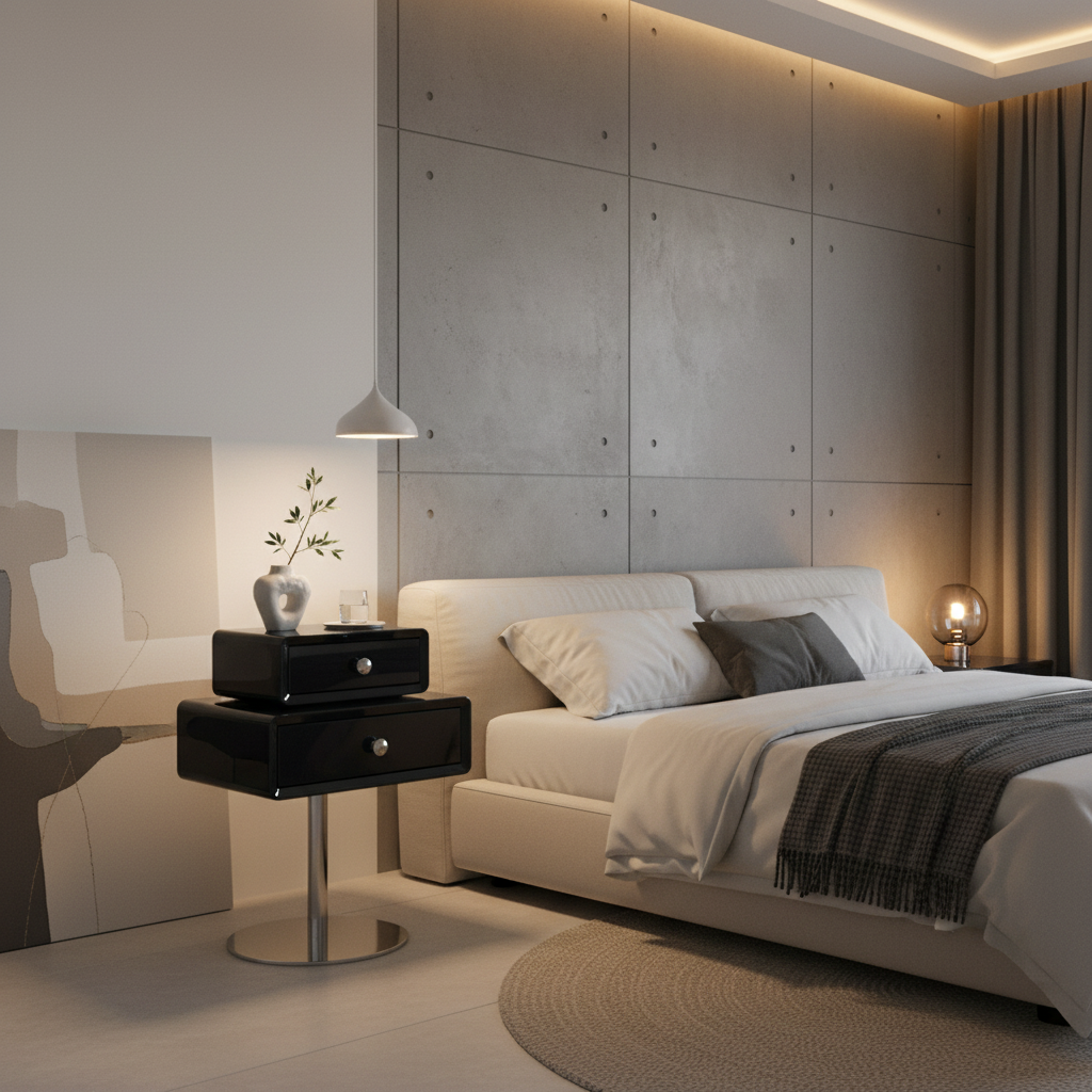 Glossy black two-drawer pedestal side table styled in a luxury modern bedroom