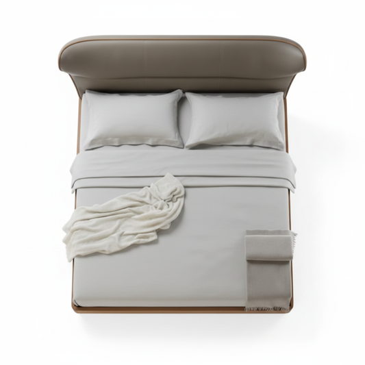 Aldora winged upholstered bed in taupe with walnut base, top view