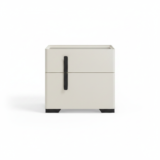 Off-white cream matte bedside table with wide drawer and narrow vertical cabinet door, front view on white background