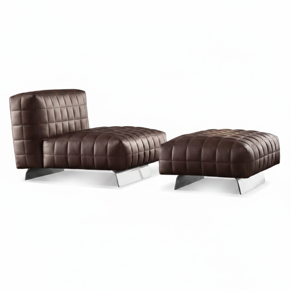 Dark chocolate brown grid-tufted leather armless lounge chair with matching square ottoman on polished chrome sled bases on white background