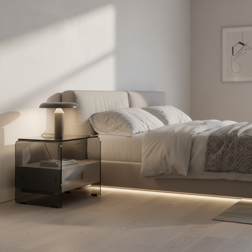 Smoked grey glass U-shaped bedside table styled in a luxury modern bedroom