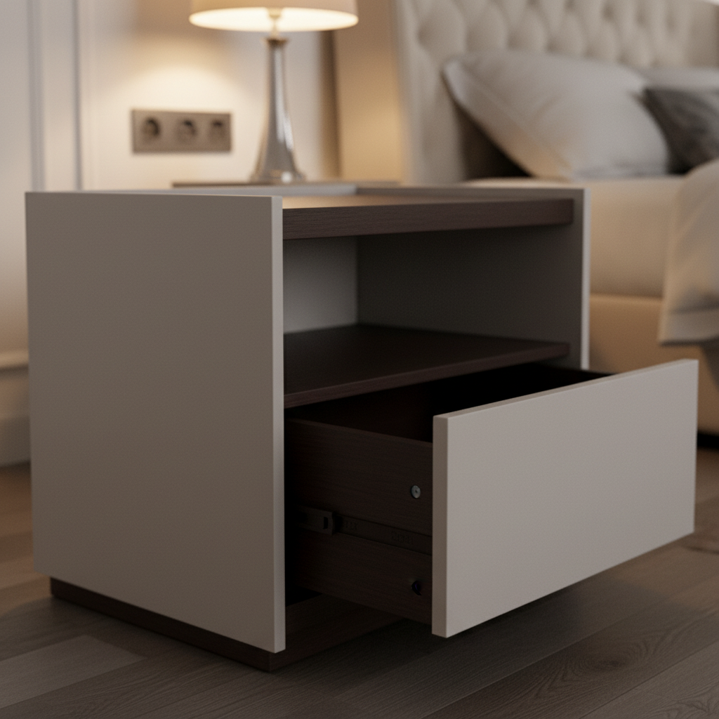 Close-up of light grey greige outer surface and dark espresso wood interior contrast on Doppio Bedside Table