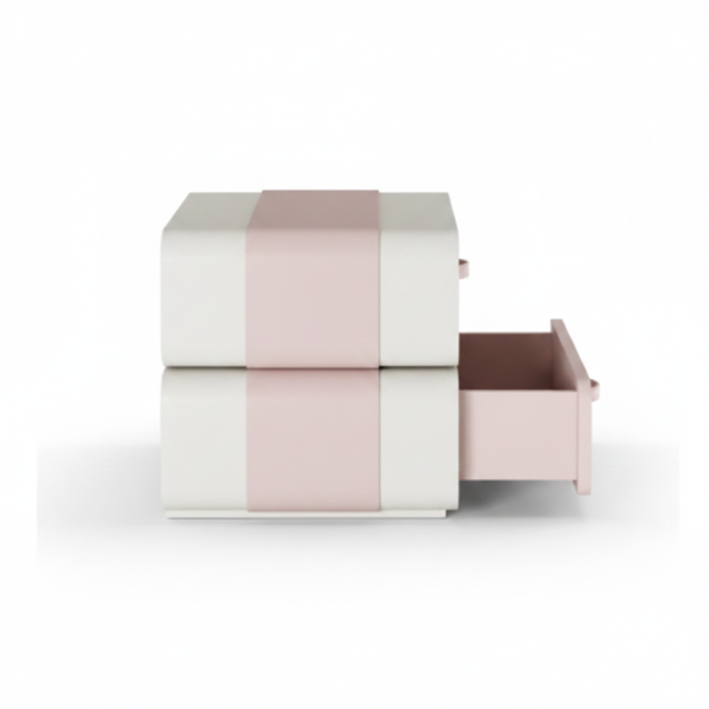 Side view of cream matte stepped bedside table with blush pink drawers