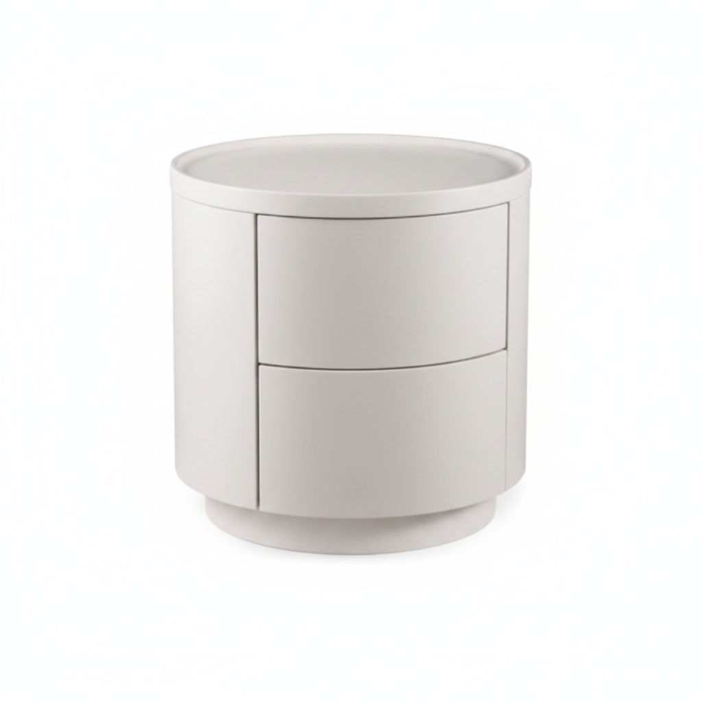 Warm white matte cylindrical two-drawer handleless bedside table on round disc base, front view on white background