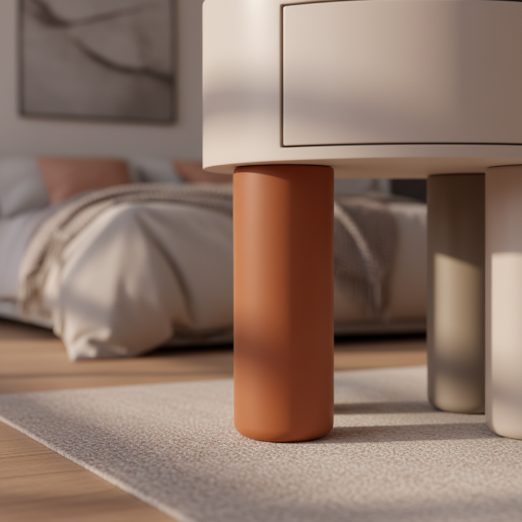 Close-up of three cylindrical legs in terracotta, cream, and grey on Trio Bedside Table