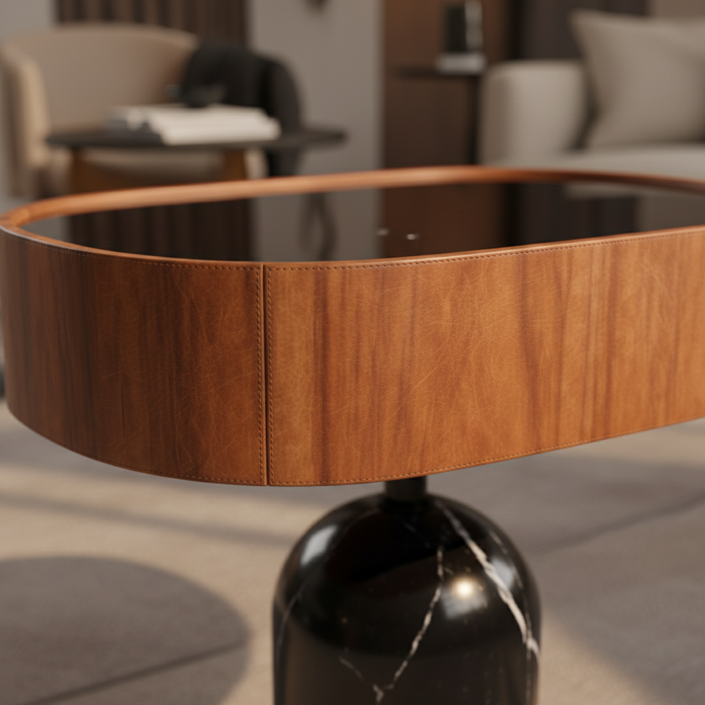 Close-up of cognac leather top edge with smoked glass inset and black marble bell pedestal base on Campana Side Table