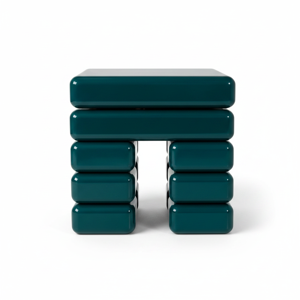Top view of deep forest green glossy stacked cushion block bedside table