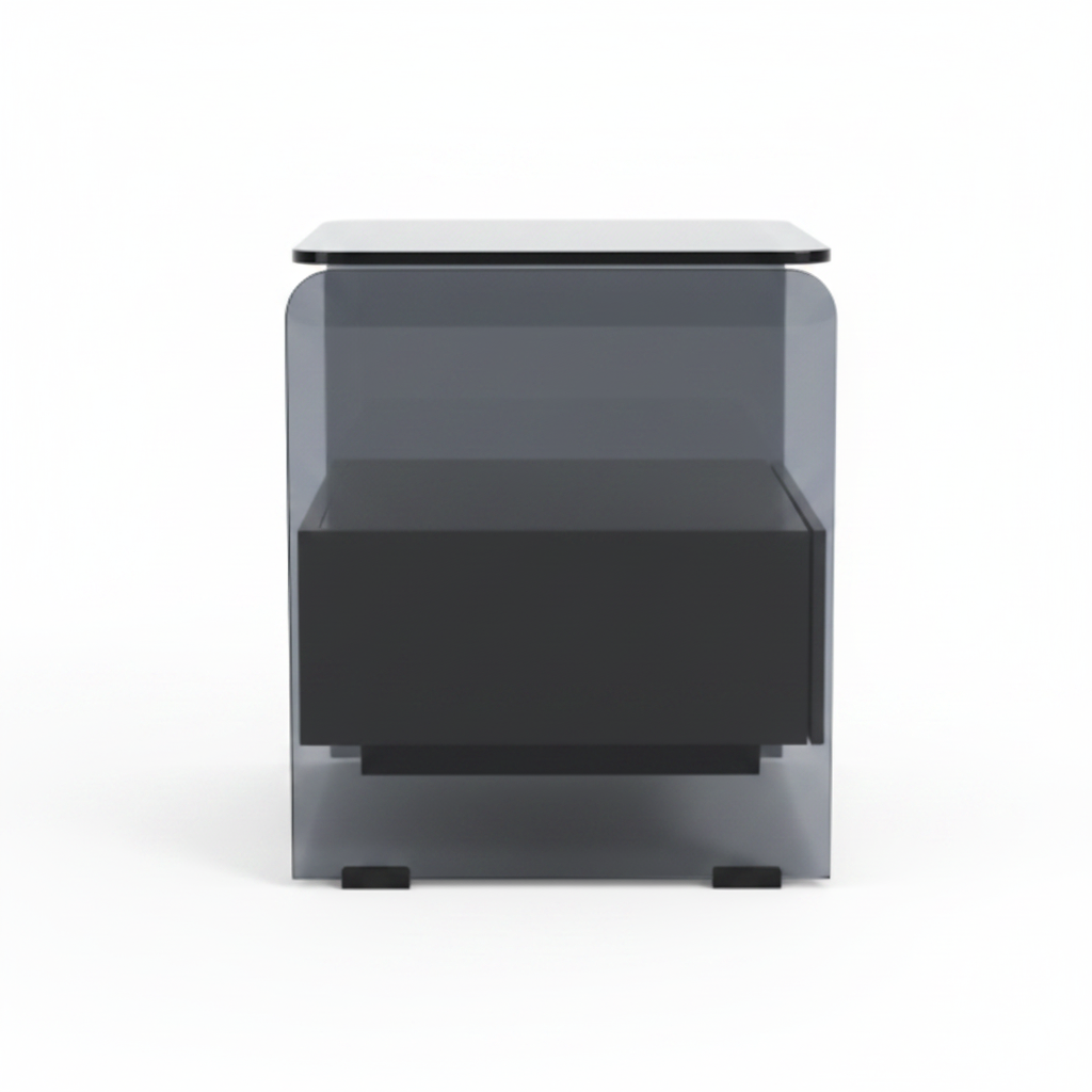 Side view of smoked grey tempered glass U-shaped bedside table with glass shelf and cabinet