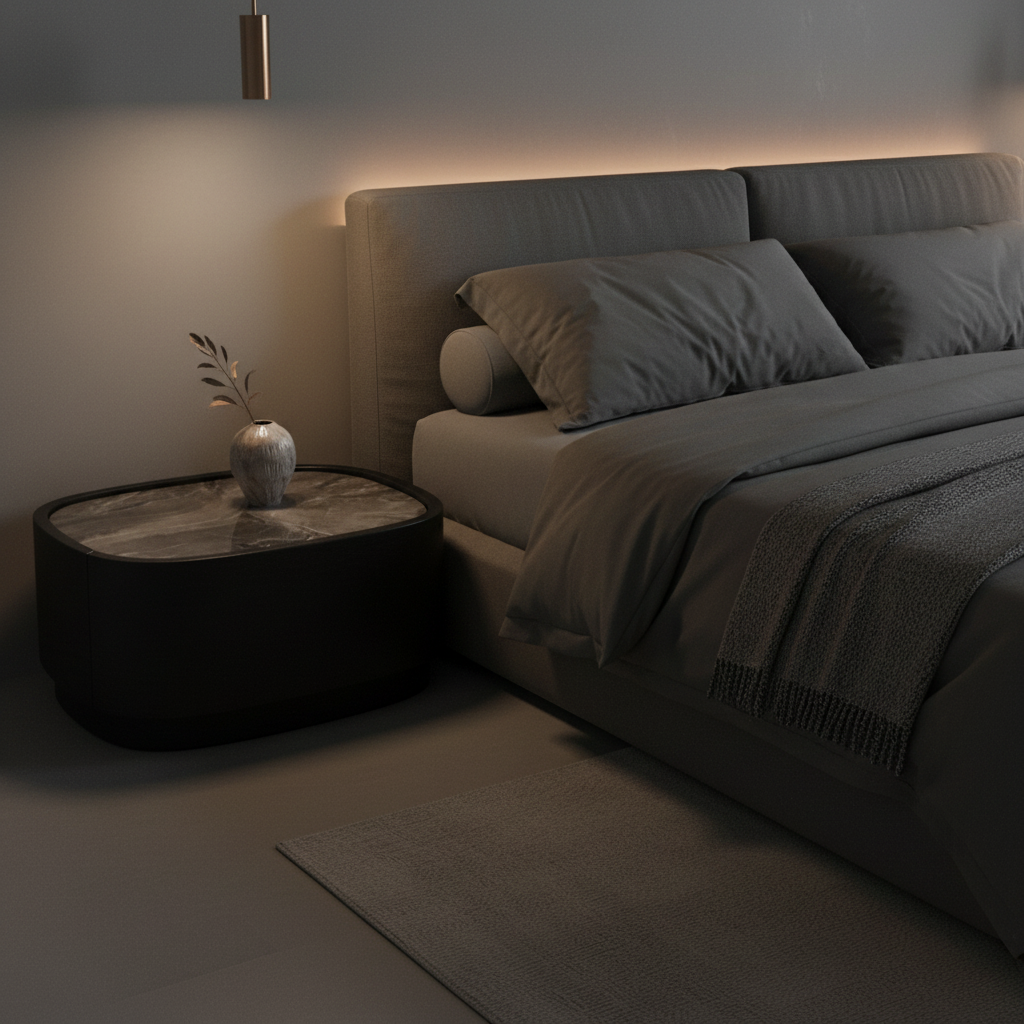 Low matte black rounded bedside table with dark grey marble top styled in a luxury modern bedroom