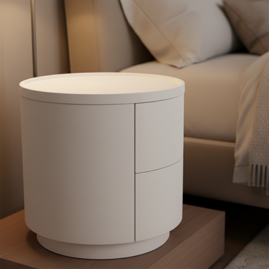 Close-up of warm white matte cylindrical surface with hairline flush drawer gap on Cerchio Bedside Table