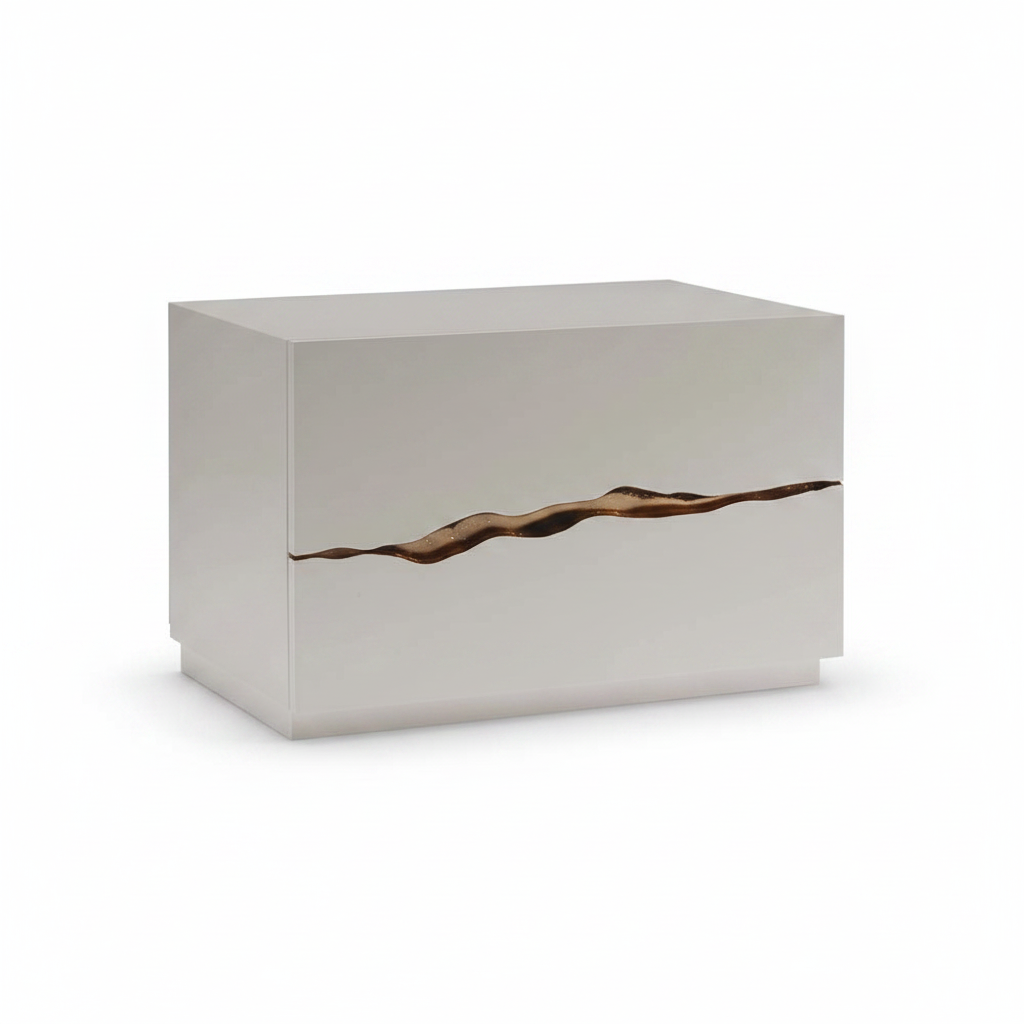 Glossy white lacquer monolithic two-drawer bedside table with dark bronze resin crack fissure inlay, front view on white background