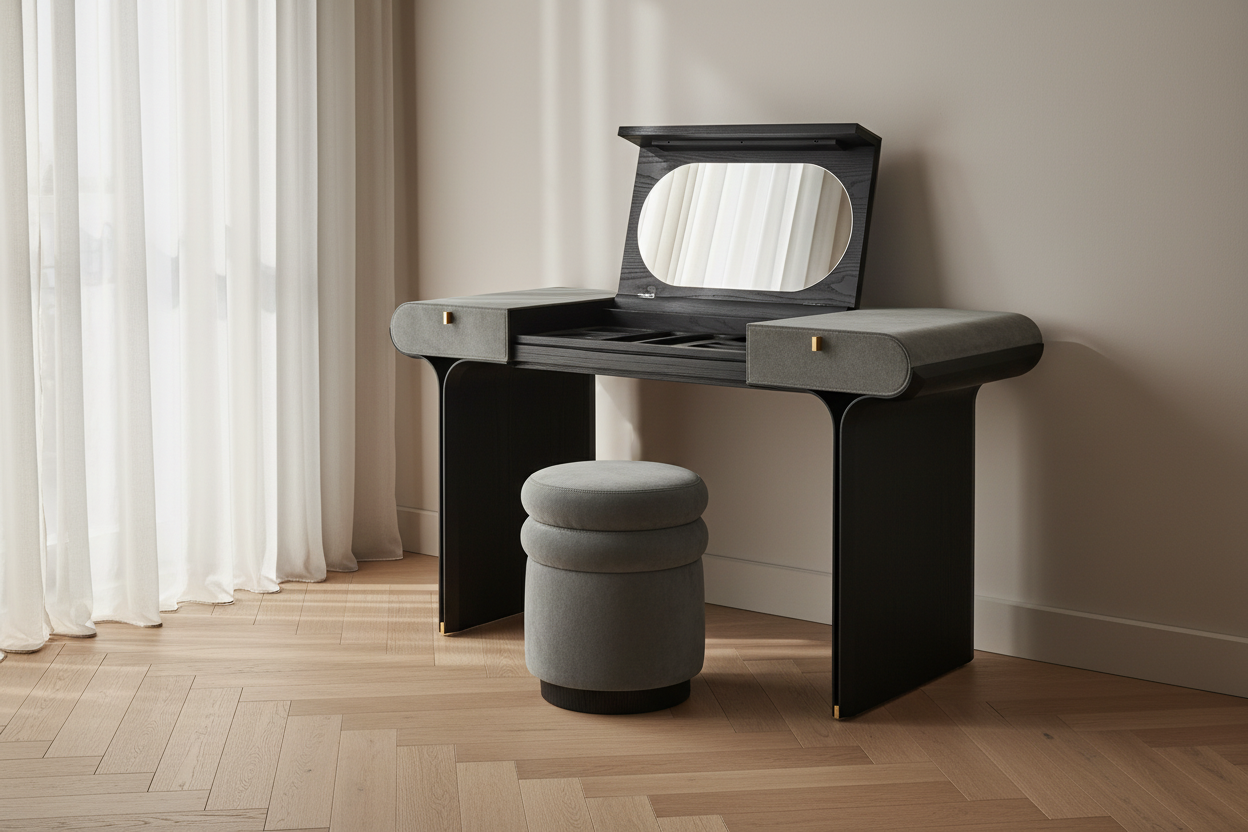 Obsidian dressing table in a modern luxury bedroom