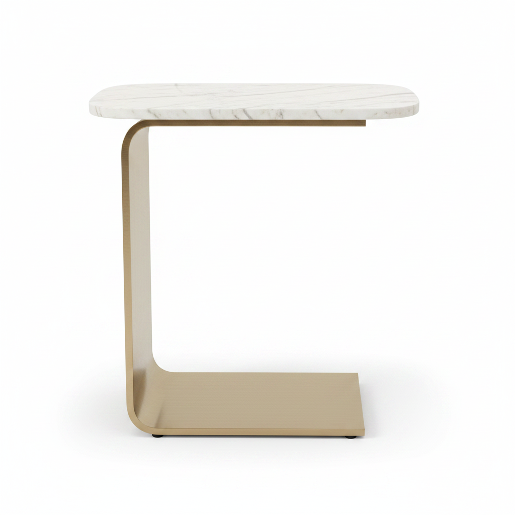Canto Side Table champagne gold side profile showing C-frame cantilever, white background