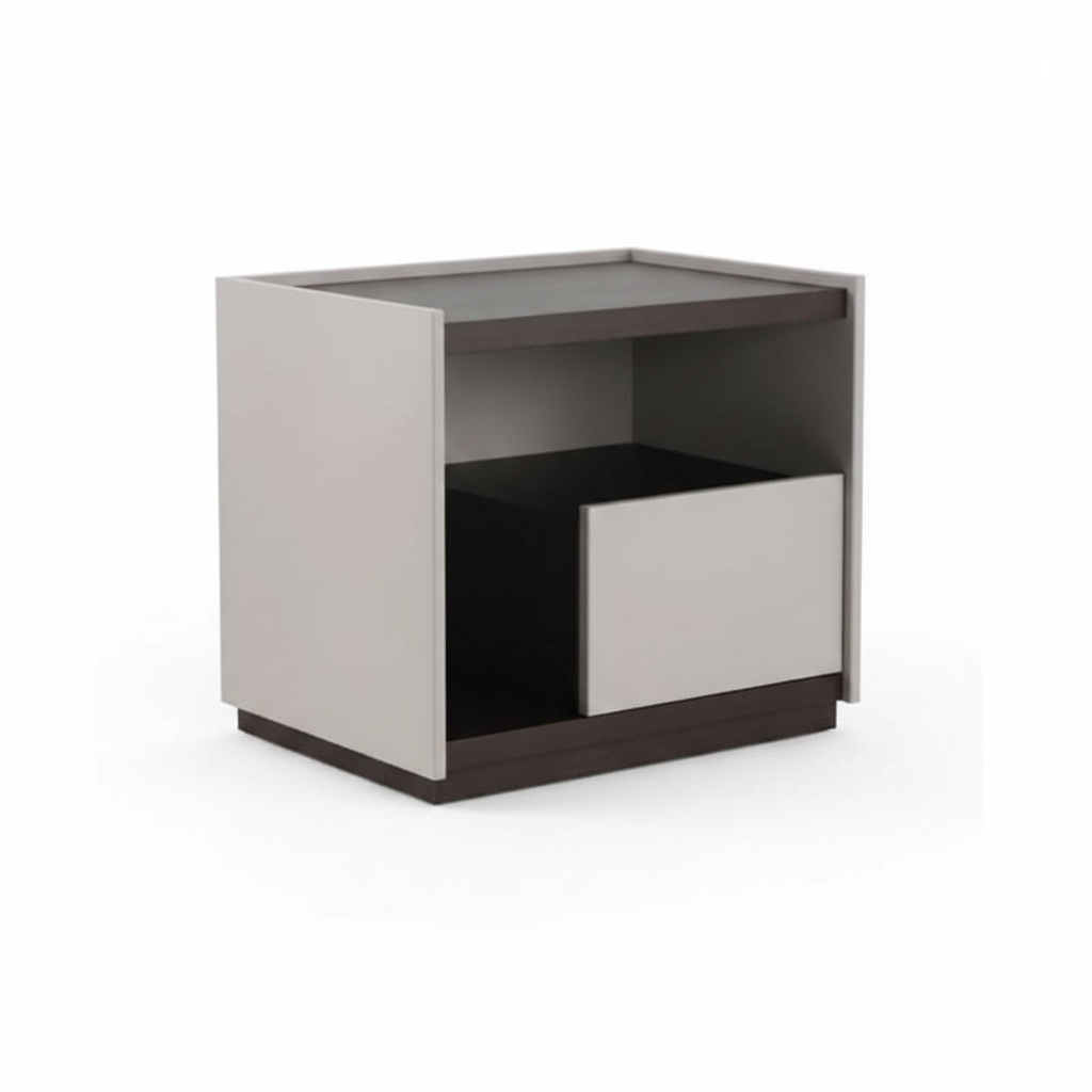 Side view of light grey greige matte bedside table with dark espresso wood interior and plinth base