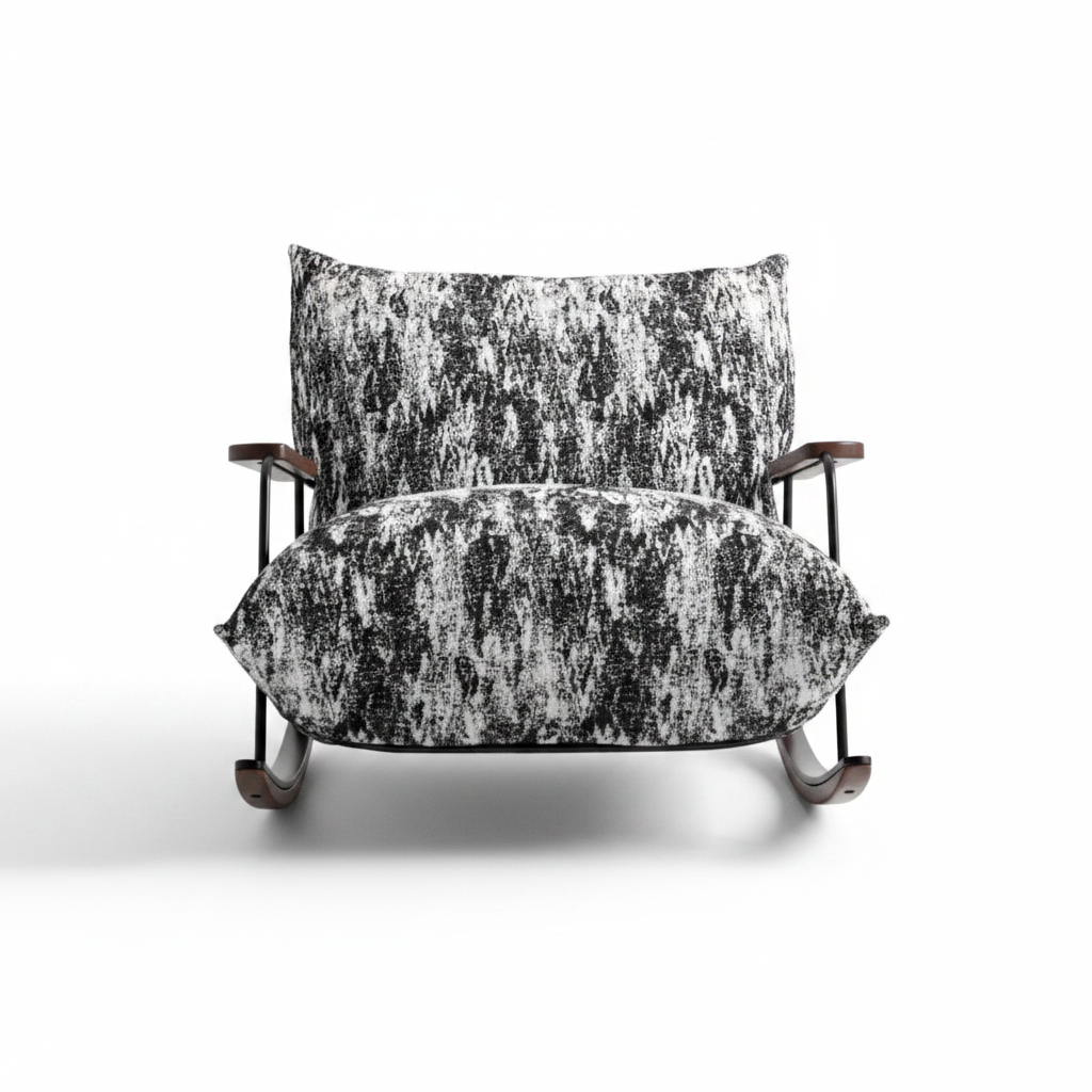 Modern rocking lounge chair in black and white abstract fabric with dark walnut curved base on white background