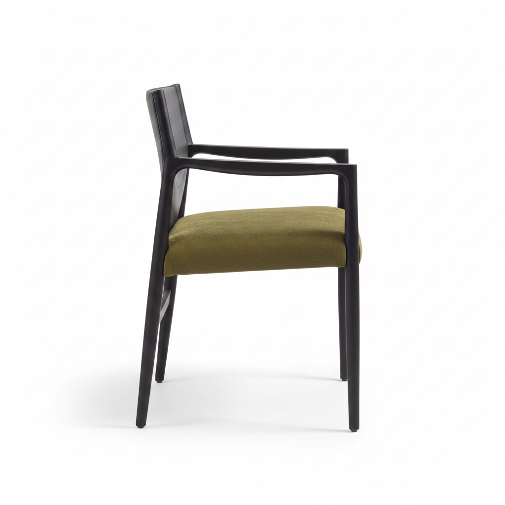 Side profile view of the Senato Dining Armchair showing the tapered wood legs and leather backrest panel