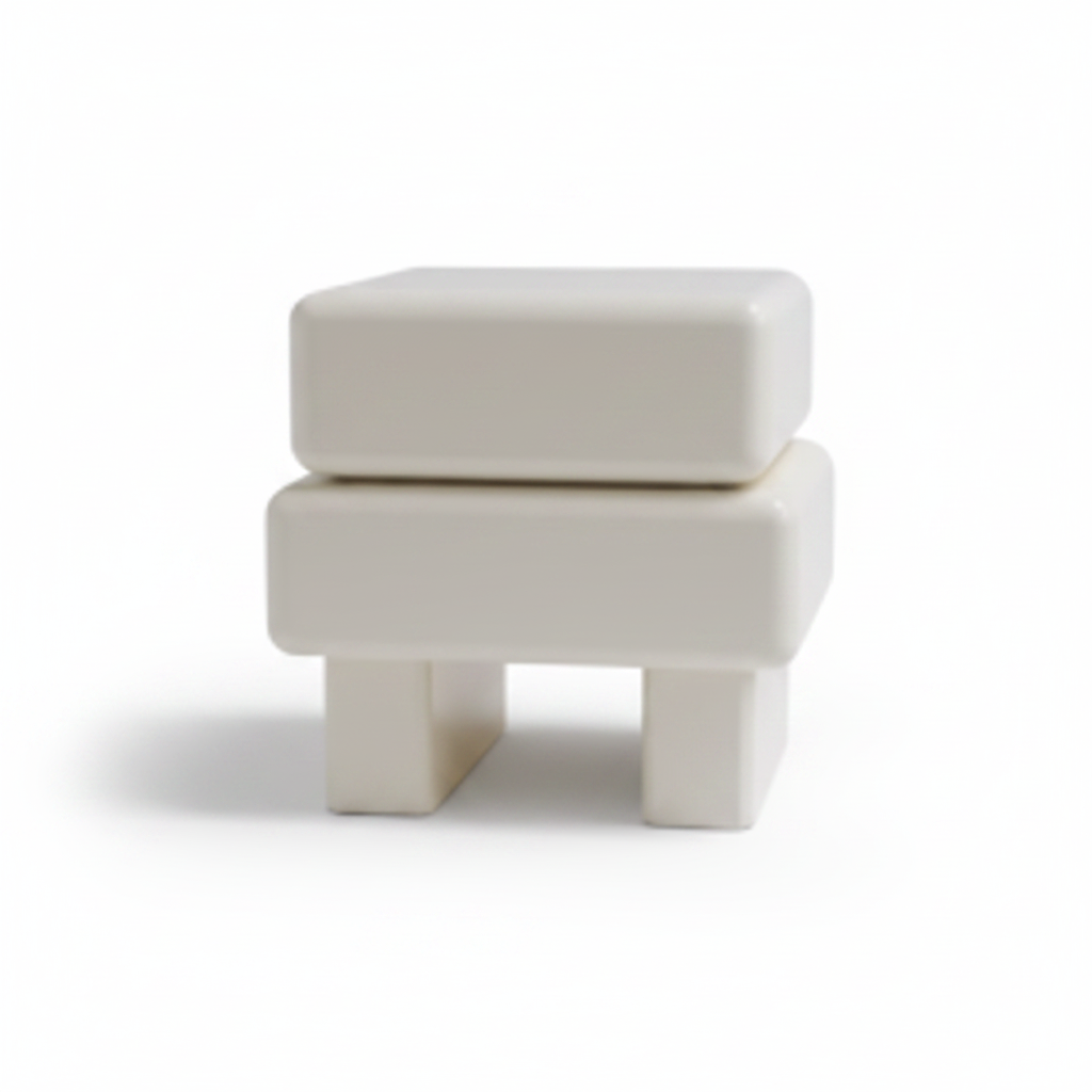 Back view of warm cream matte bedside table on chunky architectural legs