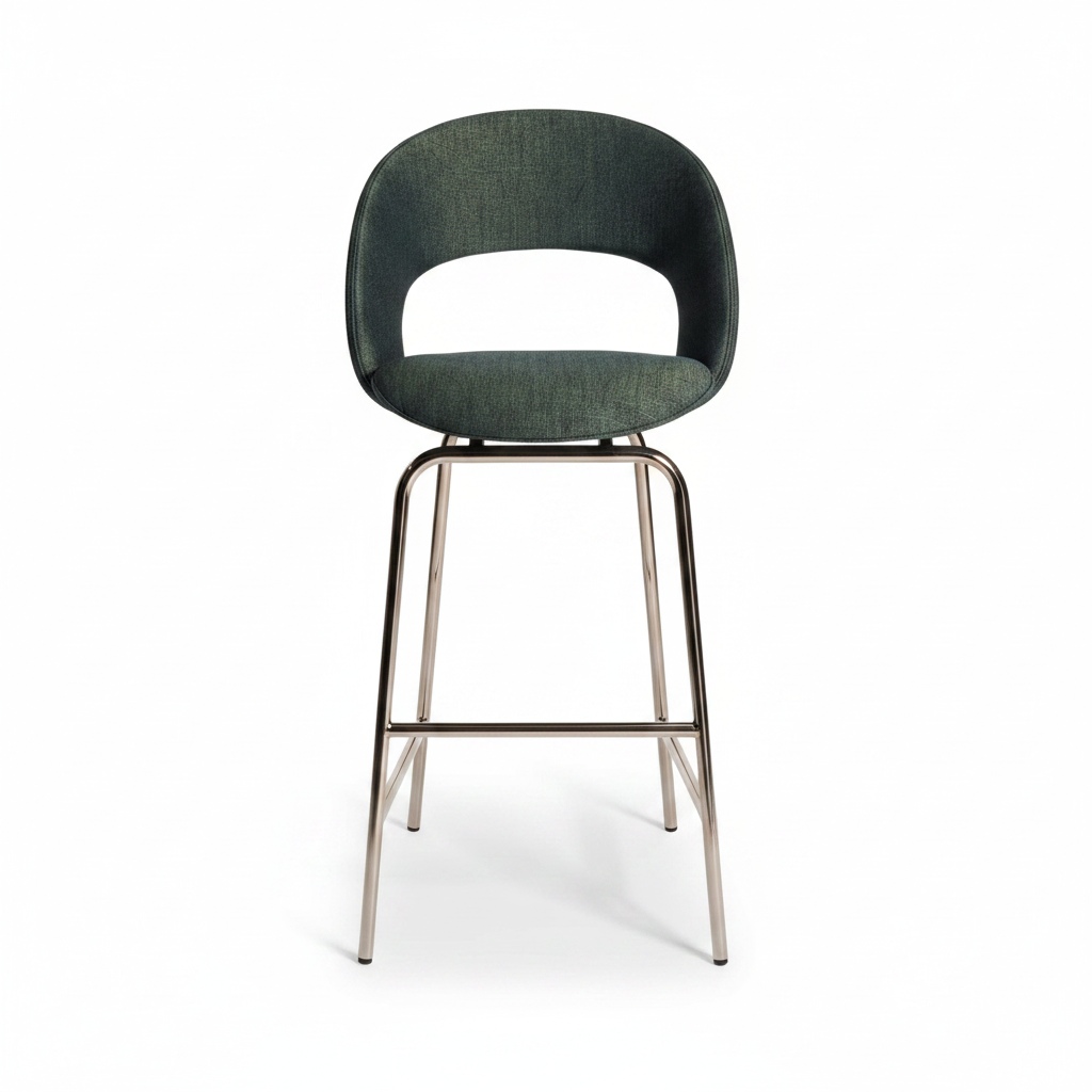 Dark forest green open-back bar stool with circular cutout and polished chrome frame, front view on white background