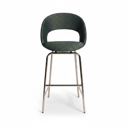 Dark forest green open-back bar stool with circular cutout and polished chrome frame, front view on white background