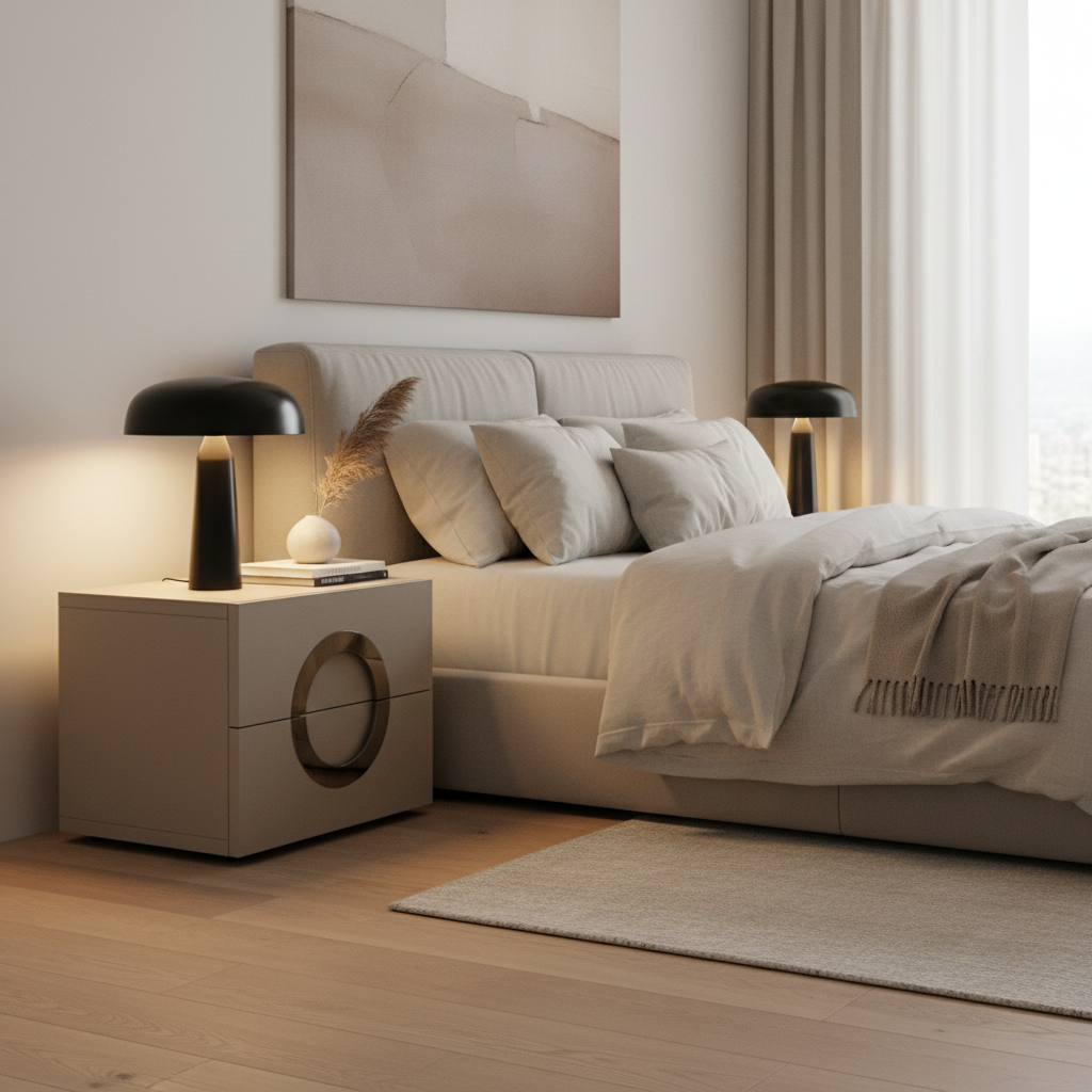 Warm taupe matte bedside table with circular cutout handle styled in a luxury modern bedroom