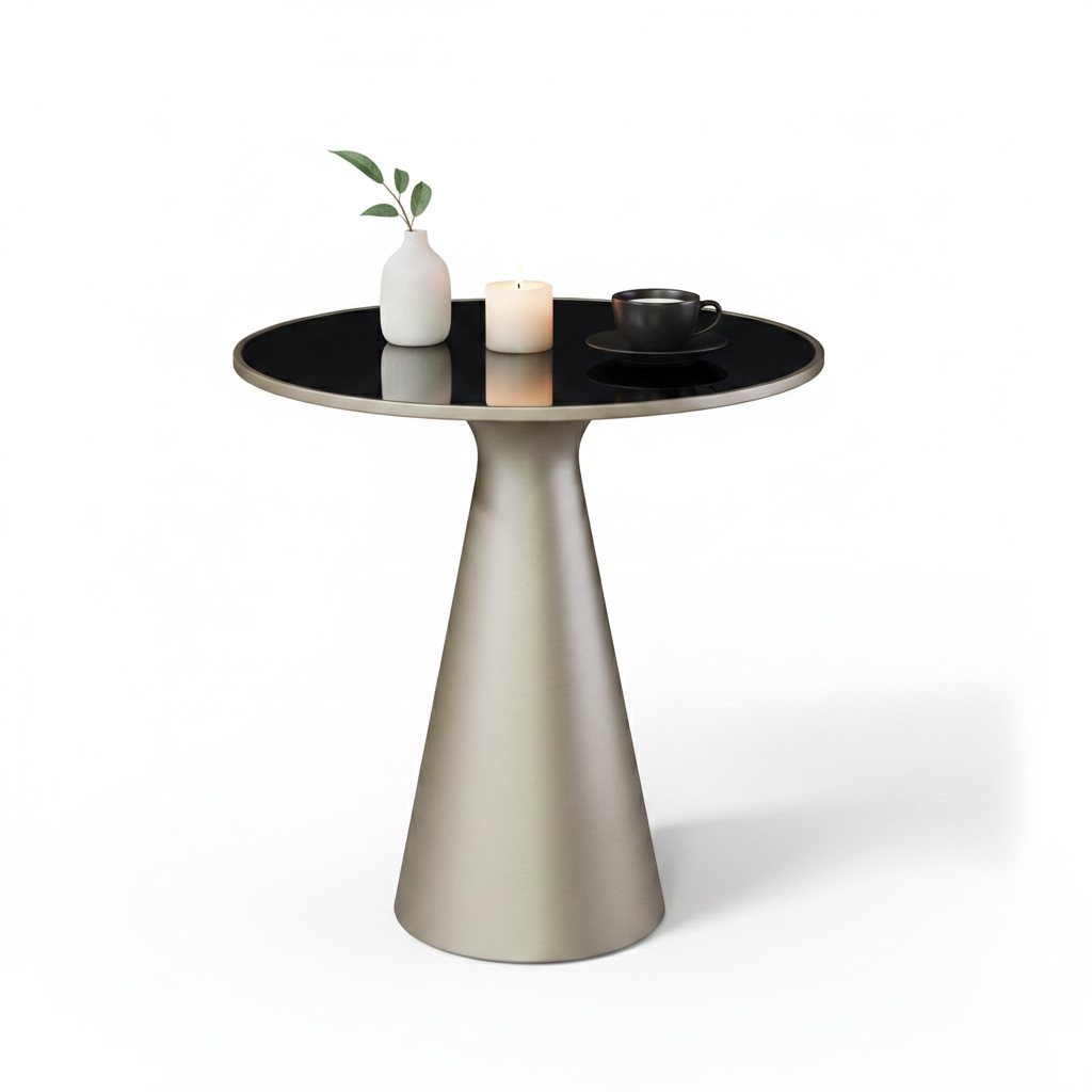 Volca Side Table styled with vase, candle and coffee cup