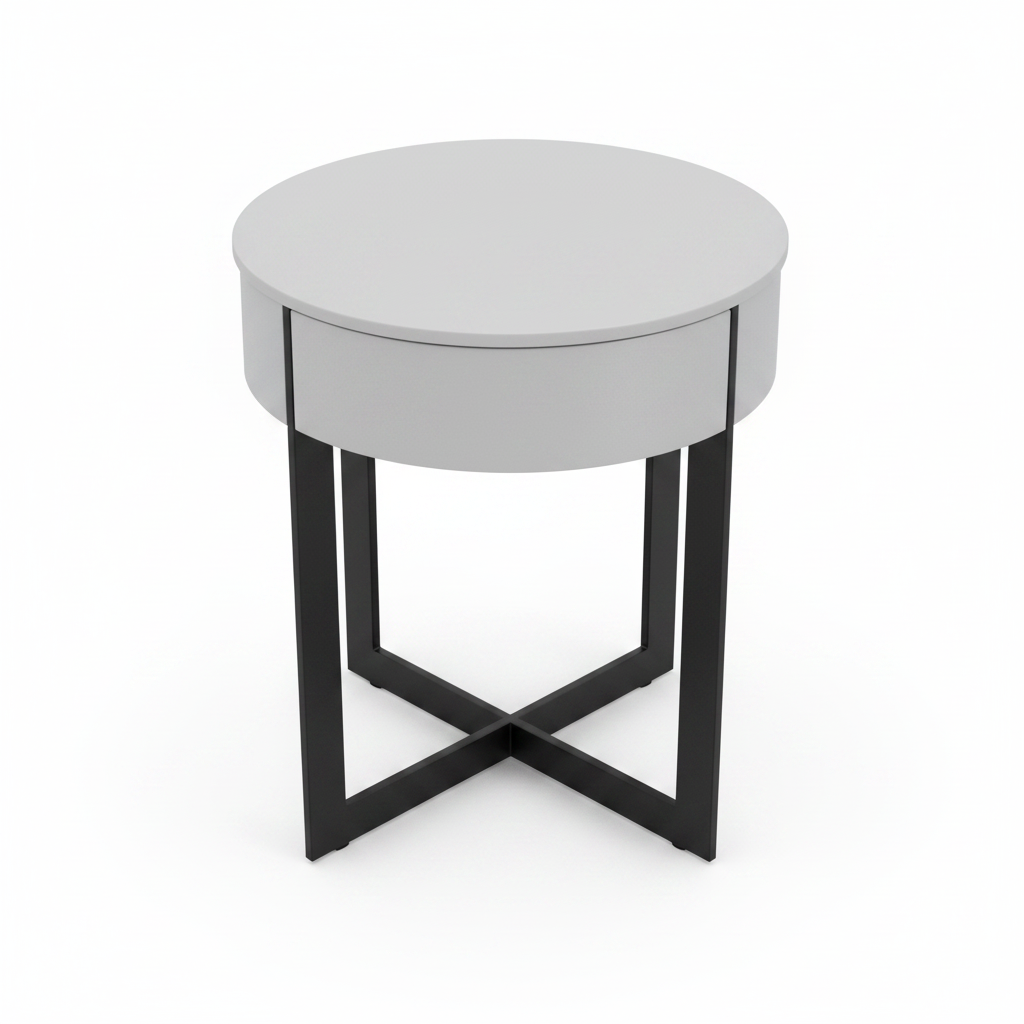 Top view of light grey matte round cylindrical bedside table on matte black X-cross metal base