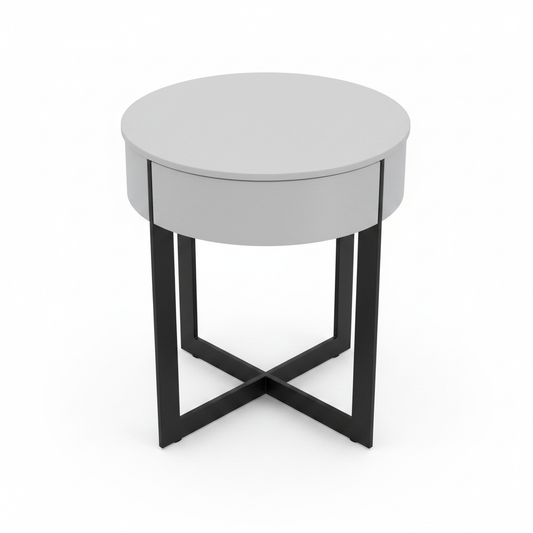 Top view of light grey matte round cylindrical bedside table on matte black X-cross metal base