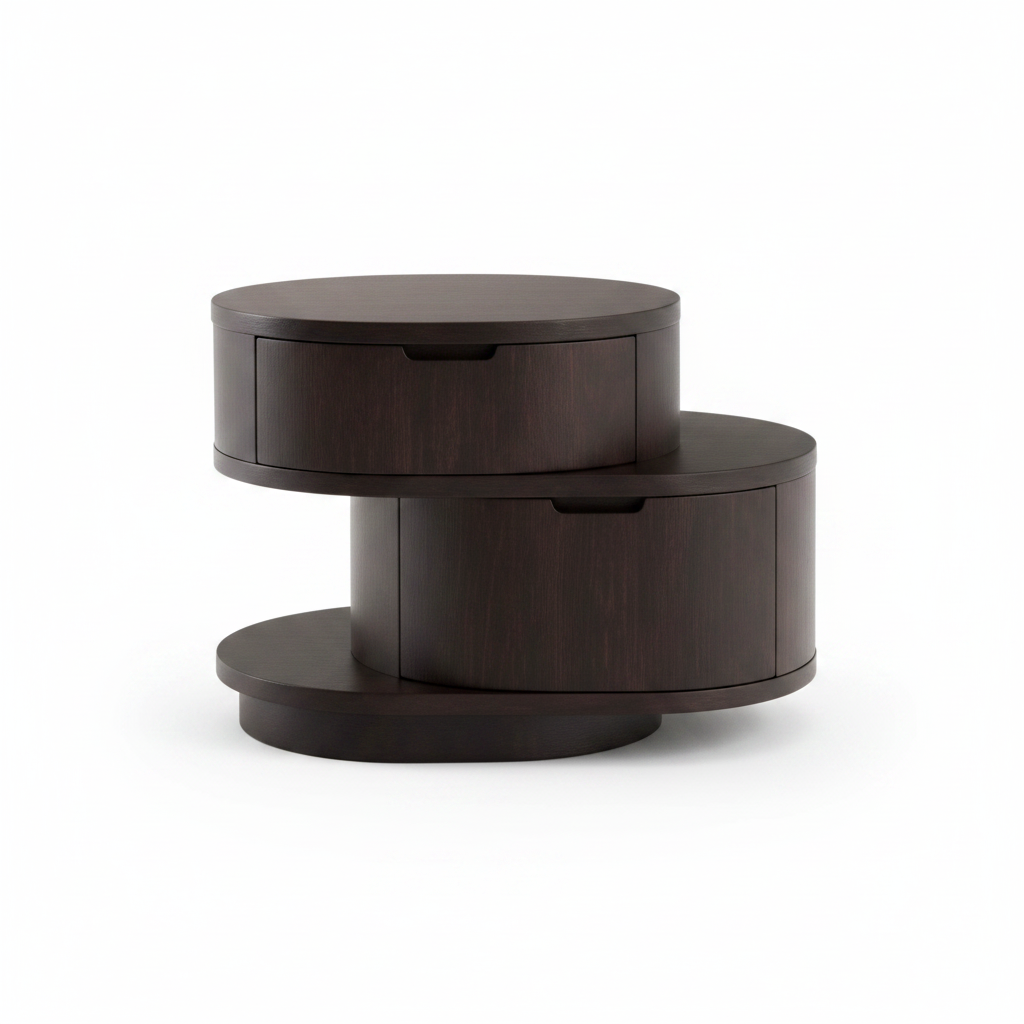 Three stacked offset rotating circular dark espresso wood disc bedside table, front view on white background