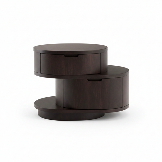Three stacked offset rotating circular dark espresso wood disc bedside table, front view on white background