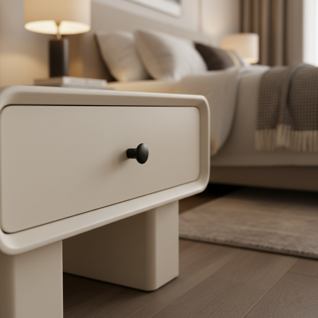 Close-up of cream matte drawer front with small round black knob and chunky architectural leg on Zampa Bedside Table
