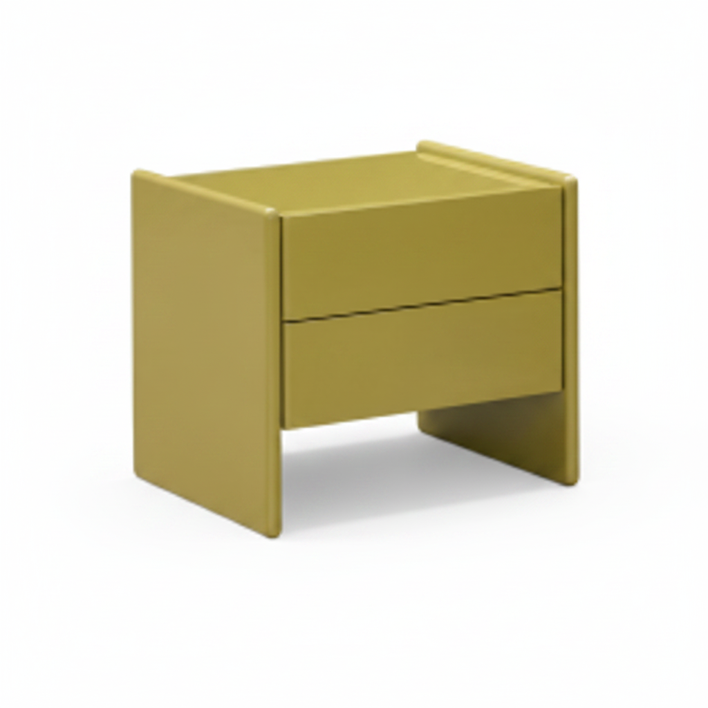 Olive yellow-green matte lacquer U-shaped slab bedside table with two flush drawers, front view on white background