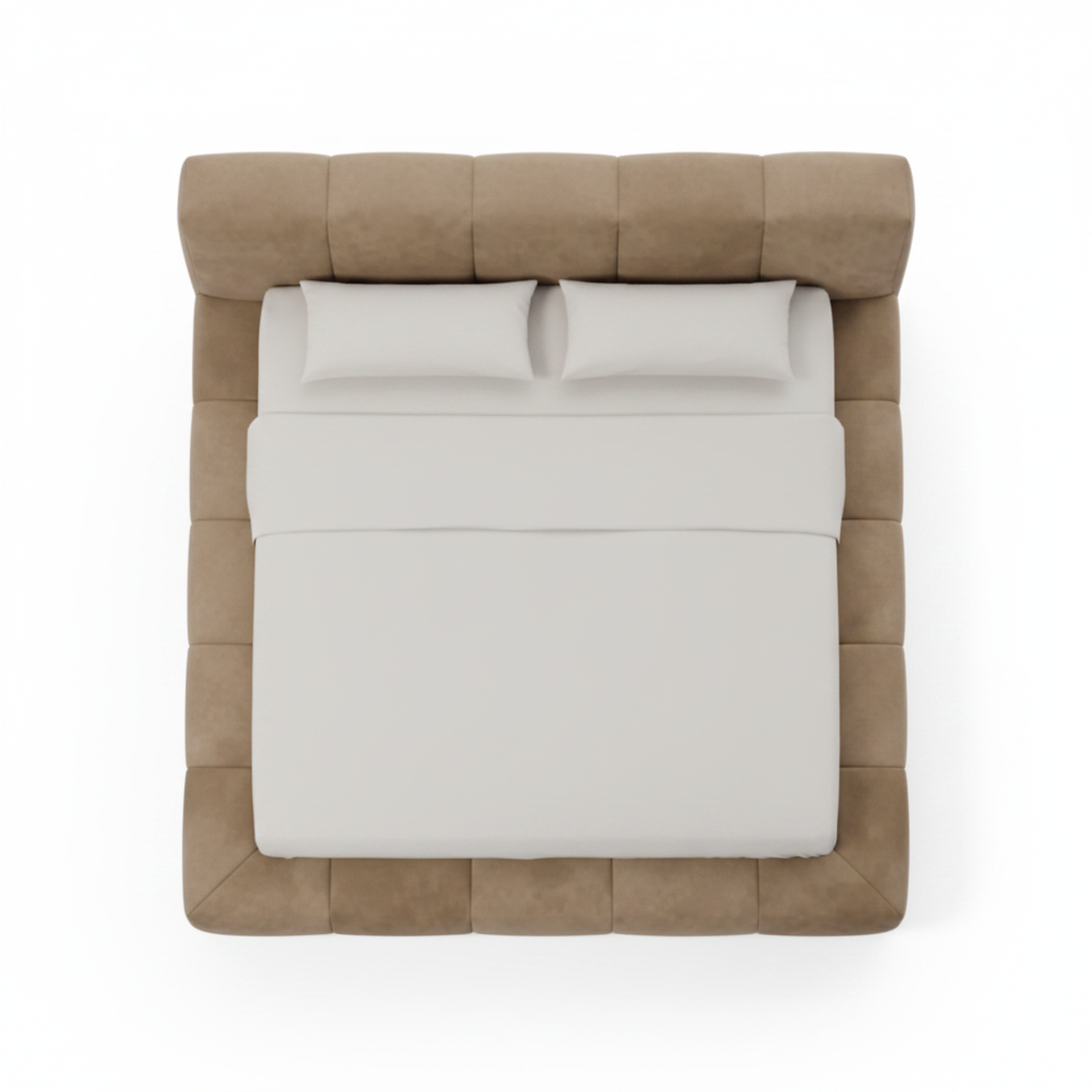 Bruma channel-tufted upholstered bed in warm taupe, top view