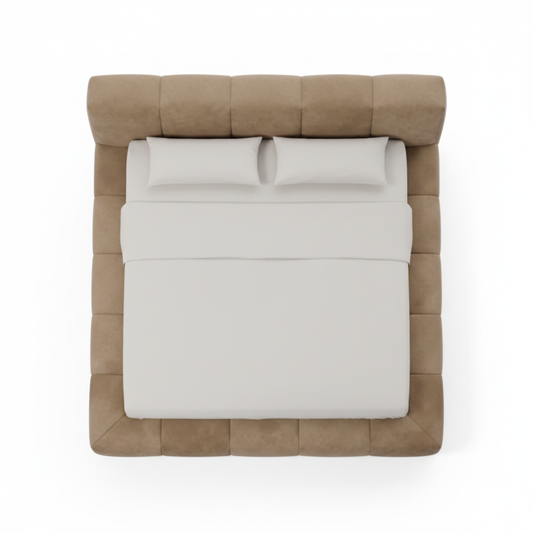 Bruma channel-tufted upholstered bed in warm taupe, top view