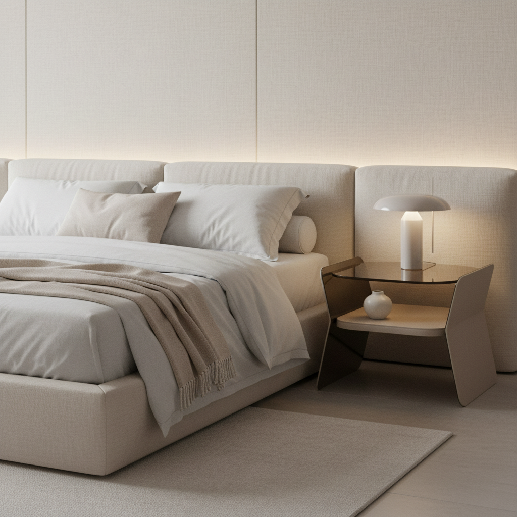 Smoked bronze glass panel side table with cream floating shelf styled in a luxury modern bedroom