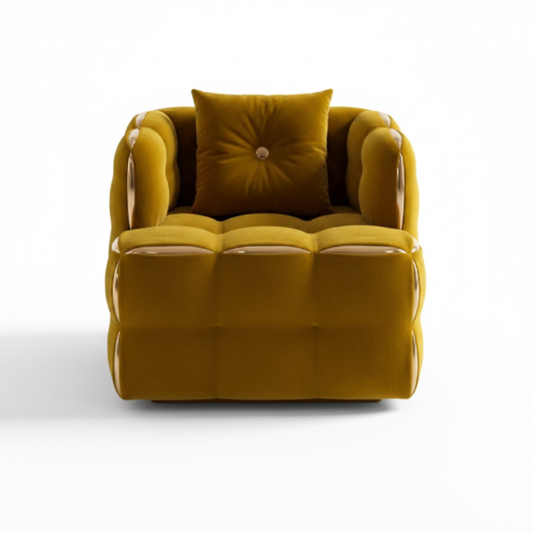 Rich olive velvet grid-tufted barrel lounge chair with gold metallic trim on white background