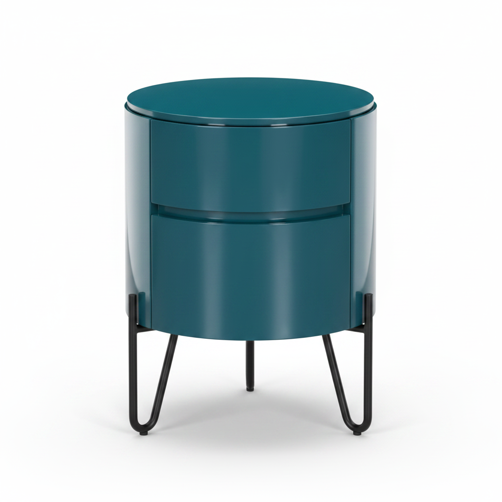 Deep teal petrol green lacquer cylindrical bedside table with one flush drawer on four slim black metal legs, front view on white background
