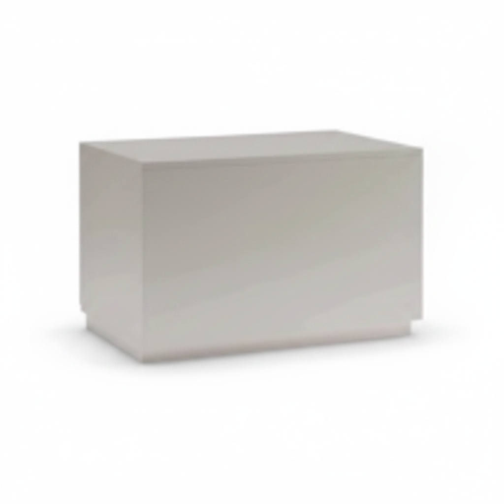 Back view of glossy white lacquer monolithic bedside table on white background