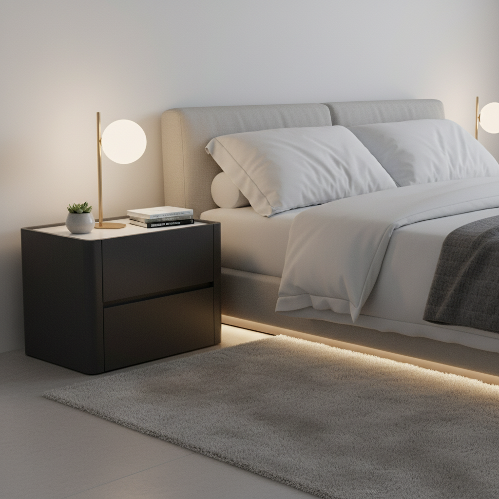 Matte charcoal minimalist bedside table styled in a luxury modern bedroom