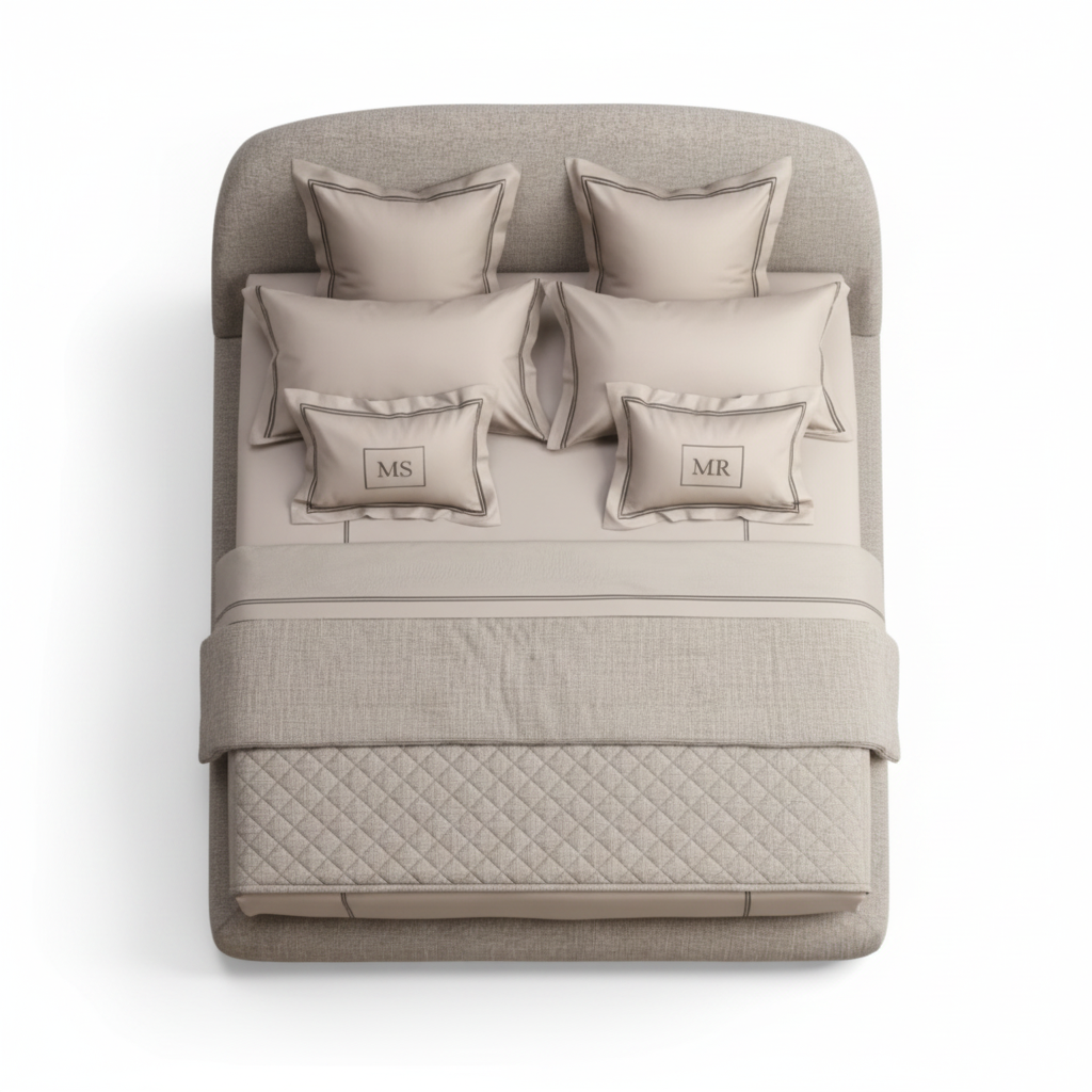 Ovale rounded upholstered bed in warm greige, top view