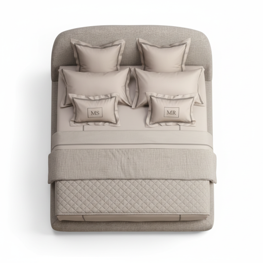 Ovale rounded upholstered bed in warm greige, top view