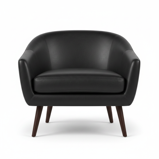 Black leather barrel lounge armchair with dark walnut splayed legs on white background