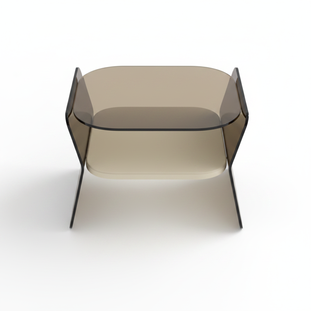 Top view of smoked bronze glass panel side table showing cream floating shelf